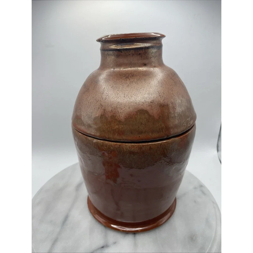 Studio Pottery Artisan Lidded Jar Brown Bronze Metallic Glaze 9.5 In Handcrafted